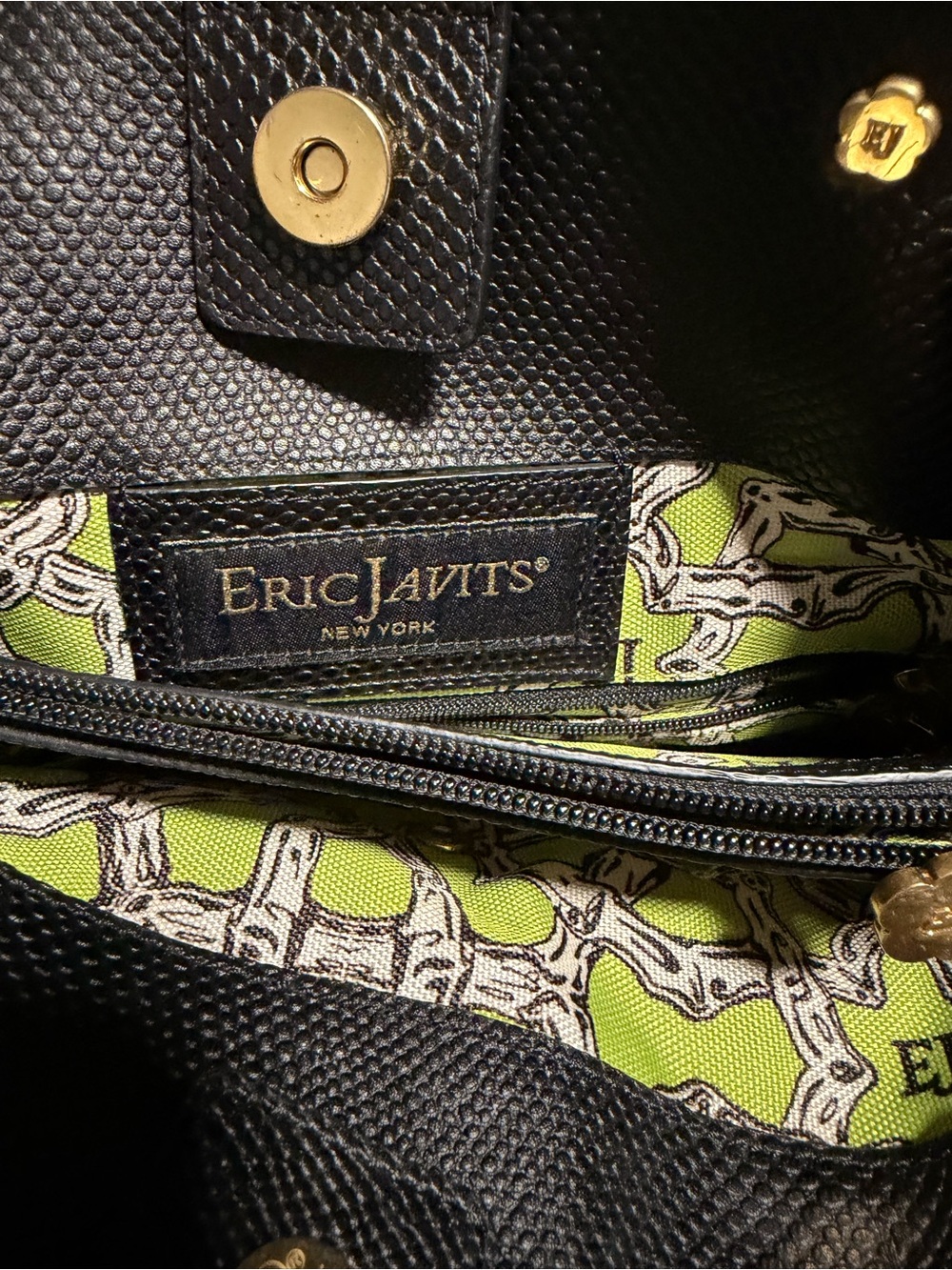 Eric Javits Black Leather Tote with Lime Green Patterned Lining